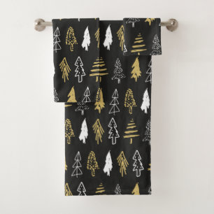 Elegant Black Gold Christmas Tree Forest Pattern Bath Towel Set