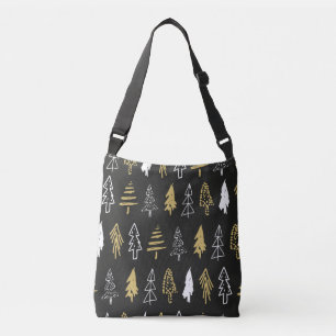 Elegant Black Gold Christmas Tree Forest Pattern Crossbody Bag