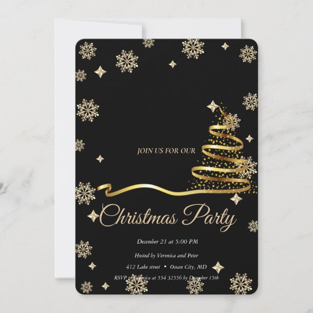 Elegant Black -Gold  Christmas Tree Invitation (Front)