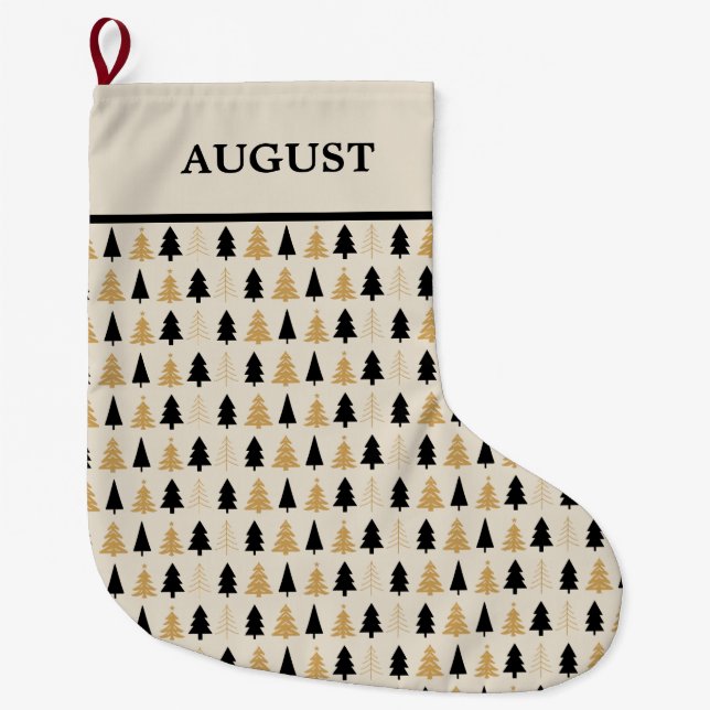 Elegant Black & Gold Christmas Tree Large Christmas Stocking (Front)