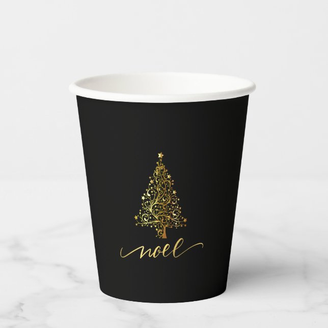 Elegant Black & Gold Christmas Tree Noel Paper Cups (Front)