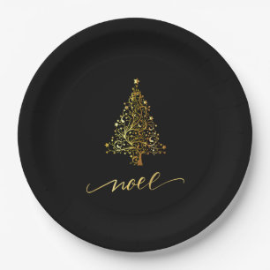Elegant Black & Gold Christmas Tree Noel Paper Plate