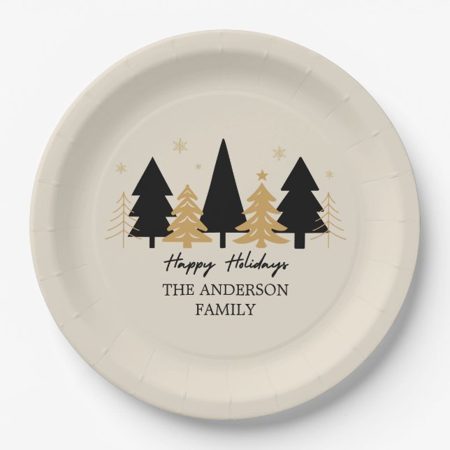 Elegant Black & Gold Christmas Tree Paper Plate (Front)