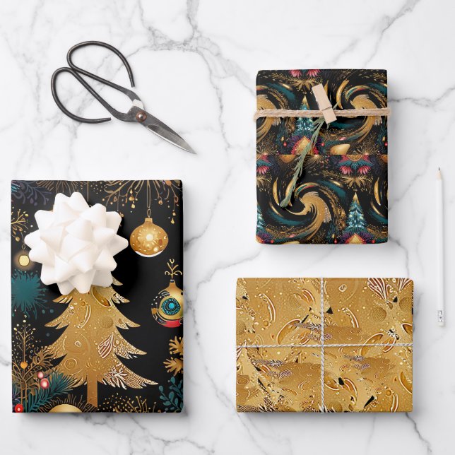 Elegant Black & Gold Christmas Wrapping Paper Sheet (Front)