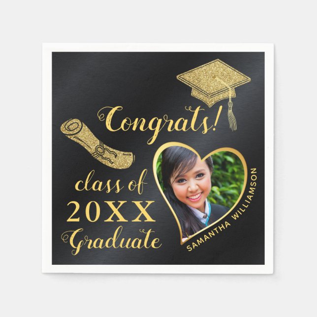 Elegant Black Gold Class of 2025 Photo Graduation Napkin (Front)