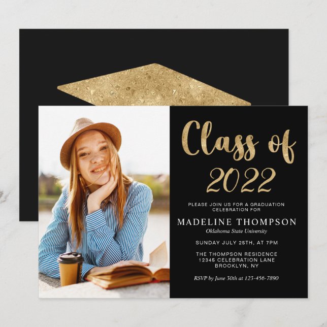 Elegant Black Gold Class of Photo Graduation Hat Invitation (Front/Back)