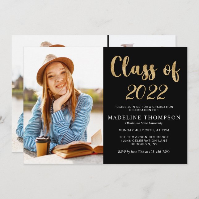Elegant Black Gold Class of Photo Graduation Invitation (Front/Back)