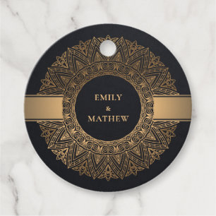 ELEGANT BLACK GOLD CLASSIC ORNATE MANDALA WEDDING FAVOUR TAGS