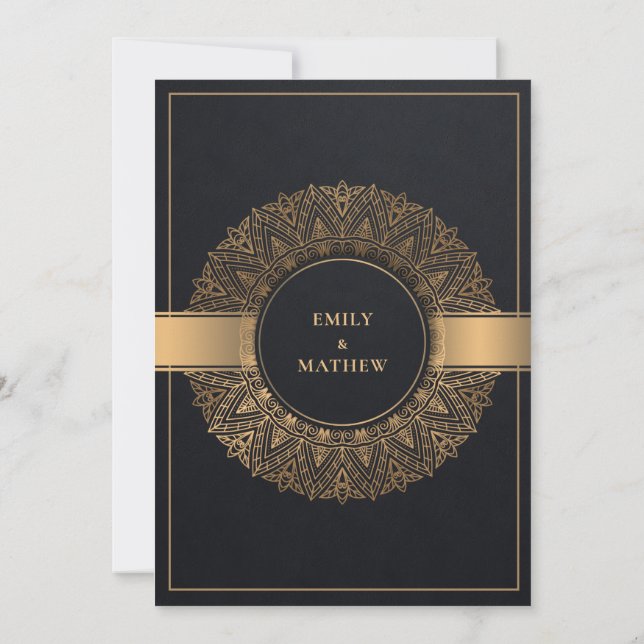 ELEGANT BLACK GOLD CLASSIC ORNATE MANDALA WEDDING INVITATION (Back)