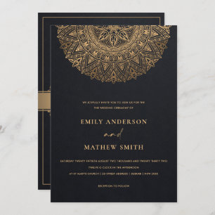 ELEGANT BLACK GOLD CLASSIC ORNATE MANDALA WEDDING INVITATION