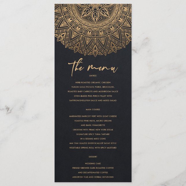 ELEGANT BLACK GOLD CLASSIC ORNATE MANDALA WEDDING MENU (Front)