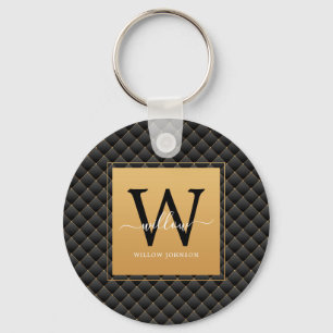 Elegant Black Gold Classy Monogram Initial Script Key Ring