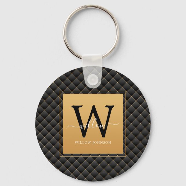 Elegant Black Gold Classy Monogram Initial Script Key Ring (Front)