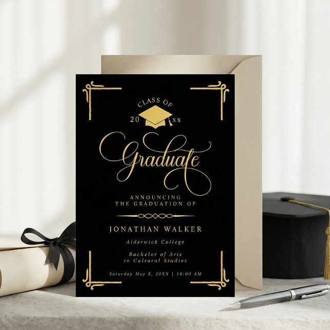 Elegant Black Gold College Graduation Announcement (Creator Uploaded)