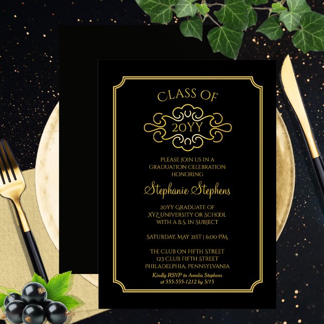 Elegant Black | Gold College Graduation Party Invitation (Elegant Black | Gold Tone College University Graduation Announcement |Party Invitation Print Digital)