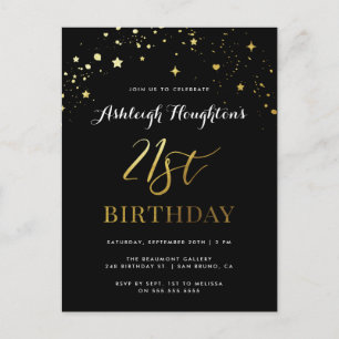 Elegant Black & Gold Confetti 21st Birthday Invitation Postcard
