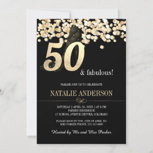Elegant Black Gold Confetti 50th Birthday Party Invitation
