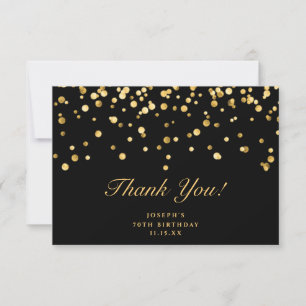Elegant Black & Gold Confetti 70th Birthday Party Thank You Card