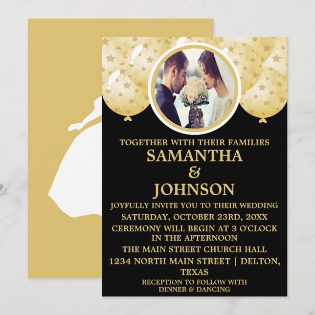 Elegant Black Gold Confetti Balloons Photo Wedding Invitation (Front/Back)