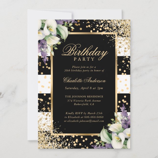 Elegant Black Gold Confetti Calla Lily Birthday Invitation (Front)