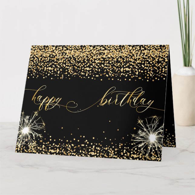 Elegant Black Gold Confetti Happy Birthday design Card (Front)