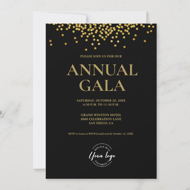 Elegant Black Gold confetti logo Gala corporate Invitation (Front)