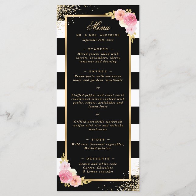 Elegant Black Gold Confetti Pink Floral Wedding Menu (Front)