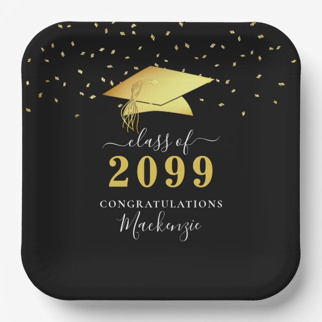 Elegant Black Gold Confetti Script Graduation Paper Plate (Front)
