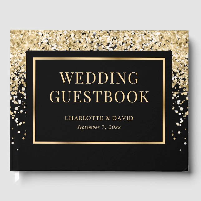Elegant Black Gold Confetti Wedding Guest Book (Front)