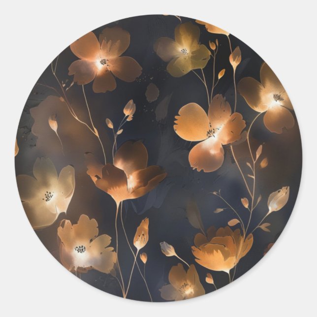 Elegant black gold copper terra cotta floral  classic round sticker (Front)