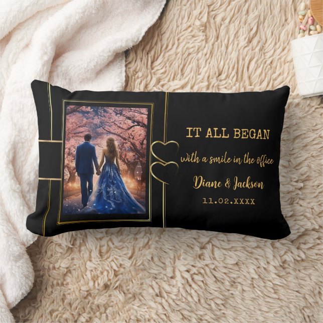 Elegant Black Gold Couple Photo Personalised Lumbar Cushion (Blanket)