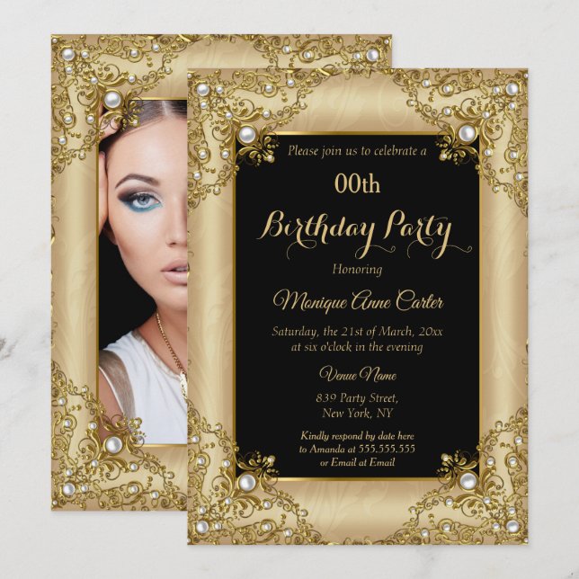 Elegant Black Gold Cream Photo Birthday Party Invitation (Front/Back)