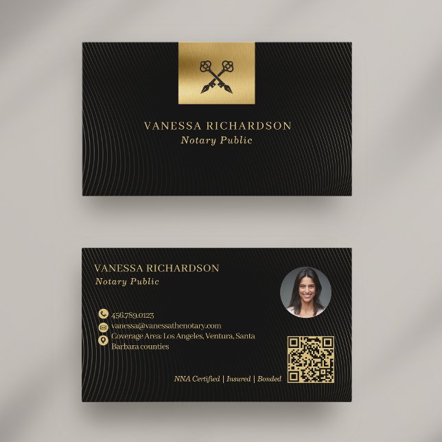 Elegant Black & Gold Cross Pen Notary QR  Business Card (Creator Uploaded)