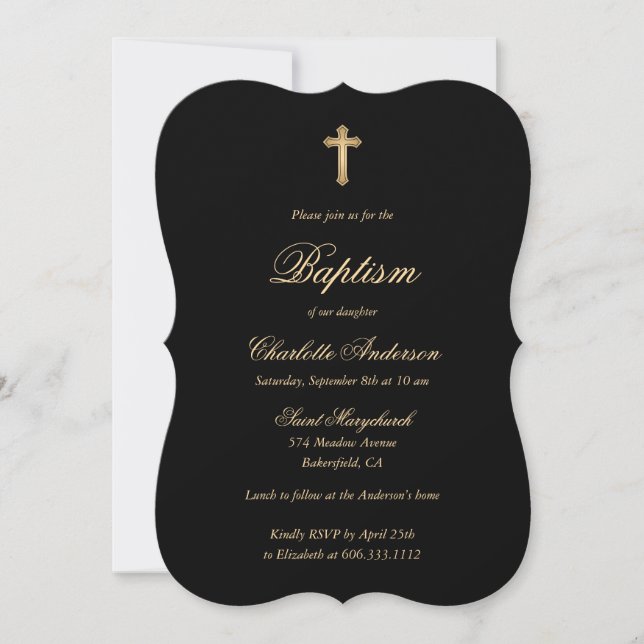 Elegant Black Gold Cross Script Baptism Invitation (Front)