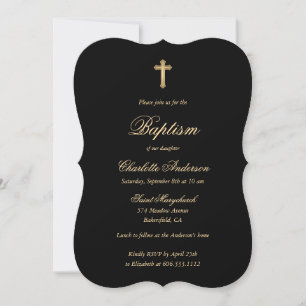 Elegant Black Gold Cross Script Baptism Invitation