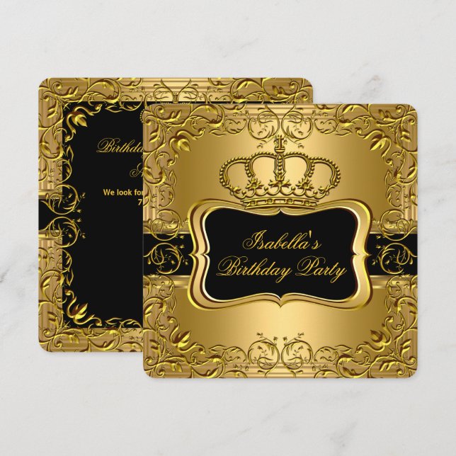 Elegant Black Gold Crown Floral Birthday Party 2 Invitation (Front/Back)