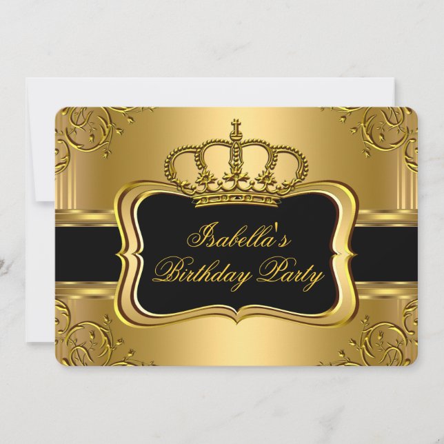 Elegant Black Gold Crown Floral Birthday Party 3 Invitation (Front)