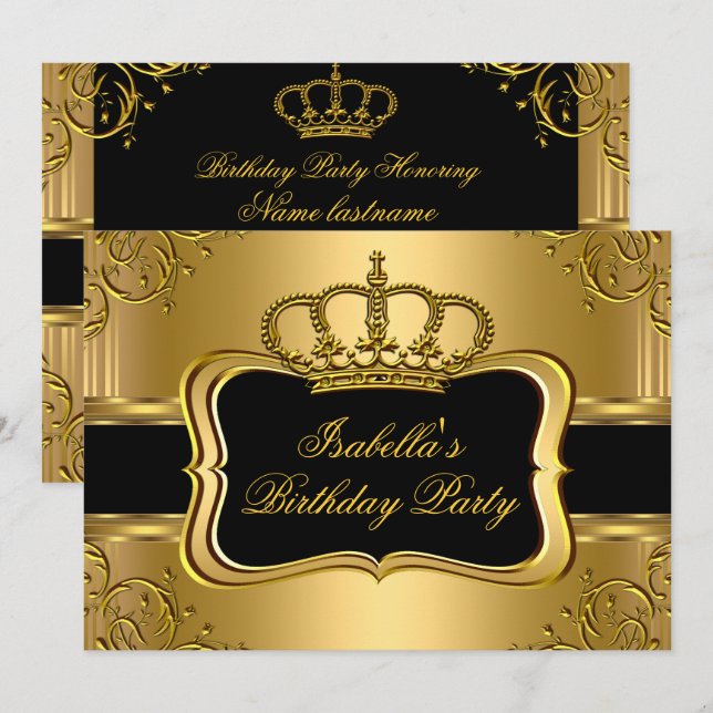 Elegant Black Gold Crown Floral Birthday Party 3 Invitation (Front/Back)