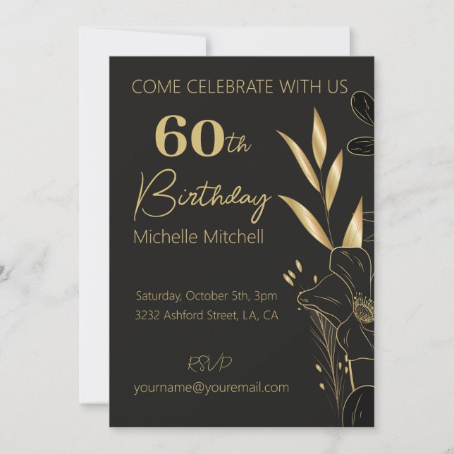 Elegant Black Gold Custom 60th Birthday Any Age Invitation (Front)