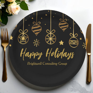 Elegant Black Gold Custom Company Holiday Party Paper Plate