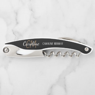 Elegant Black gold custom monogram name  Corkscrew
