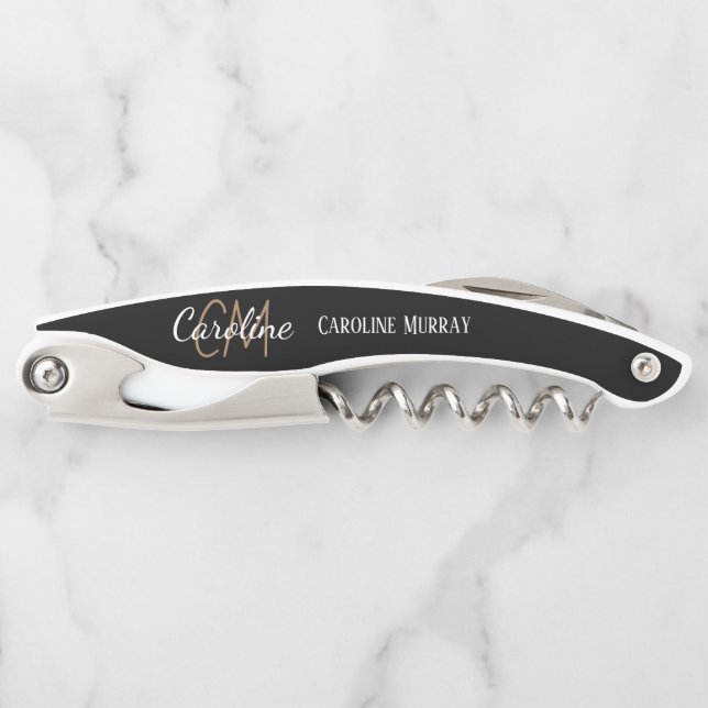 Elegant Black gold custom monogram name  Corkscrew (Front)