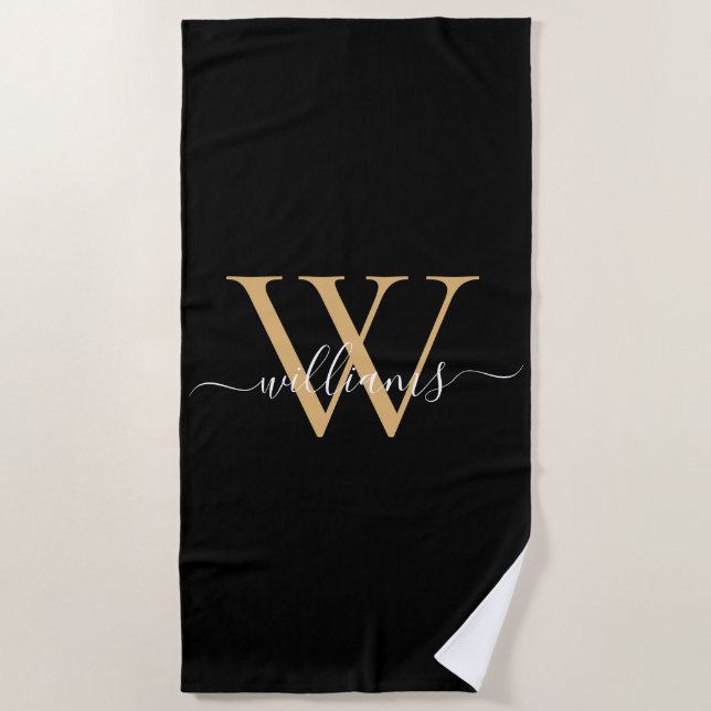 Elegant Black Gold Custom Monogram Script Name Beach Towel (Front)