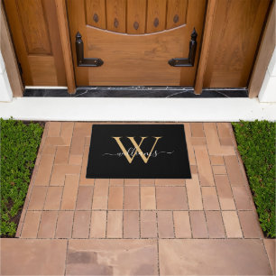 Elegant Black Gold Custom Monogram Script Name Doormat