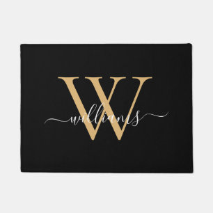 Elegant Black Gold Custom Monogram Script Name Doormat