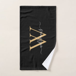 Elegant Black Gold Custom Monogram Script Name Hand Towel