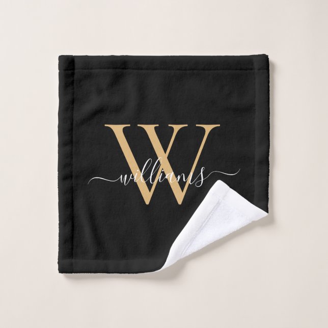 Elegant Black Gold Custom Monogram Script Name Wash Cloth (Wash Cloth)