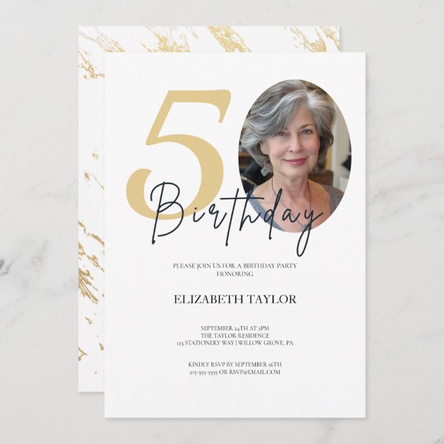 Elegant Black Gold Custom Photo 50th Birthday Invitation (Front/Back)