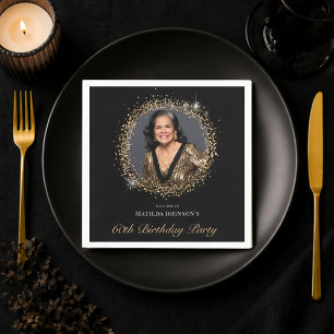 Elegant Black Gold Custom Photo 60th Birthday Napkin