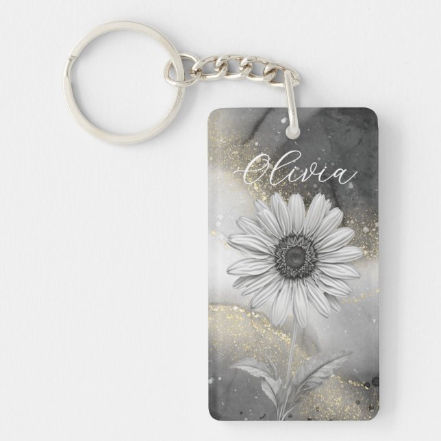 Elegant Black & Gold Daisy Custom Key Ring (Front)